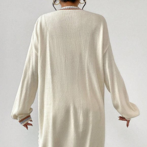 Apricot Casual Womens Geo Pattern Drop Shoulder Open Front Cardigan - Picture 2 of 5